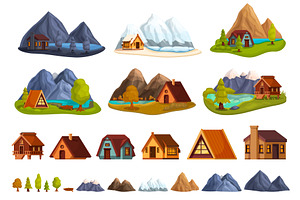 House Near Mountain Lake Icons Set