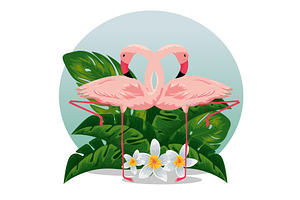 Flamingos With Tropical Flowers And