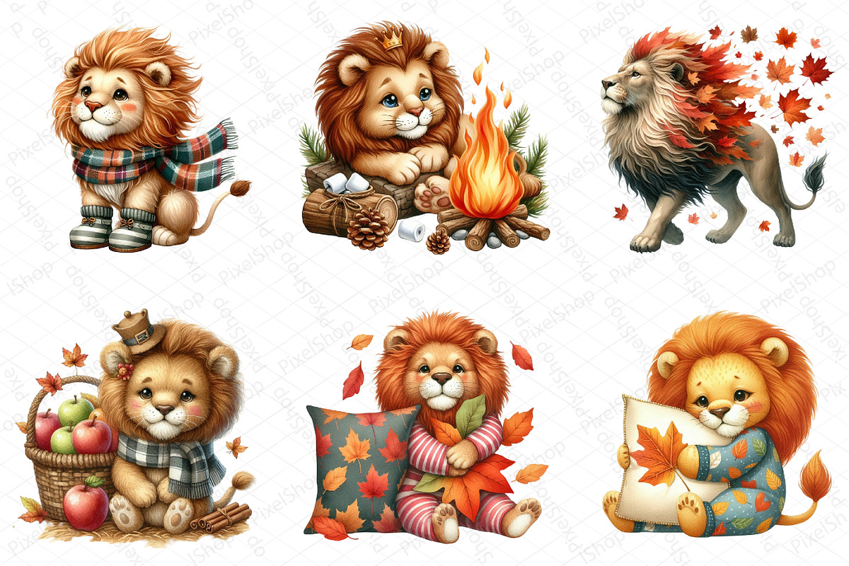 Watercolor Autumn Lion Clipart, an Illustration by DreamPrint404 (Photo 3 of 6)
