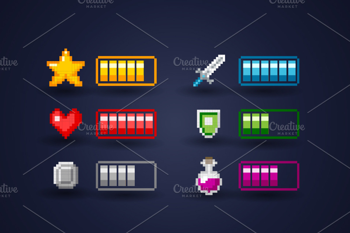 Pixel Art Video Game Icon Set, a Solid Icon by Black White Mouse Design