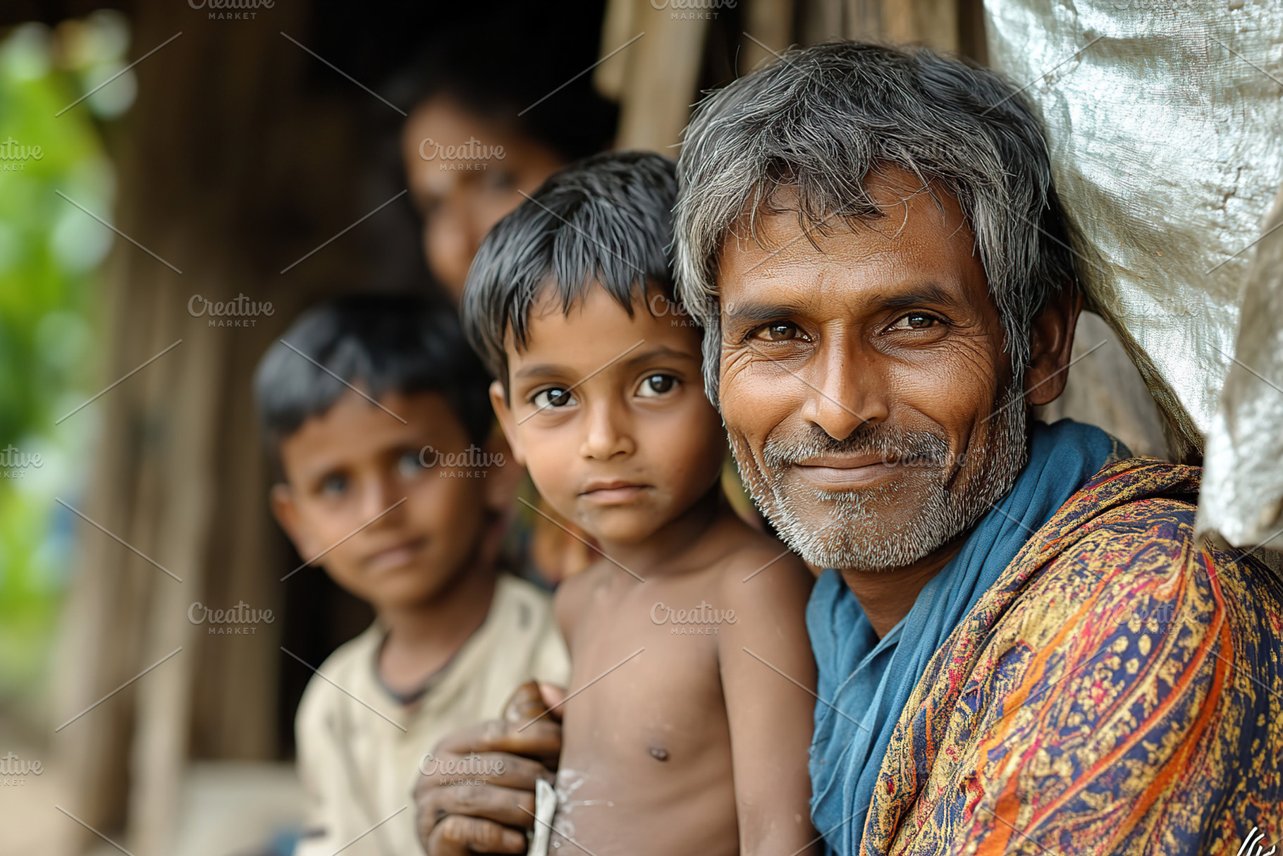 Portrait of a smiling father with his children in a humble setting in rural Ind, a Person Photo by AlyaAnd