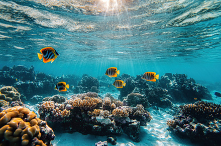 Vibrant coral reef teeming with colorful fish in crystal clear water during mid, an Animal Photo by AlyaAnd