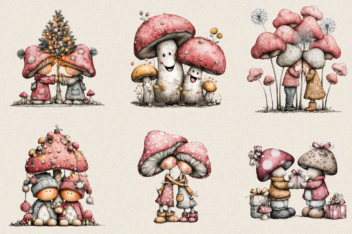 Whimsical Mushroom Couple Clipart Bu, an Illustration by SVGArt (Photo 2 of 8)