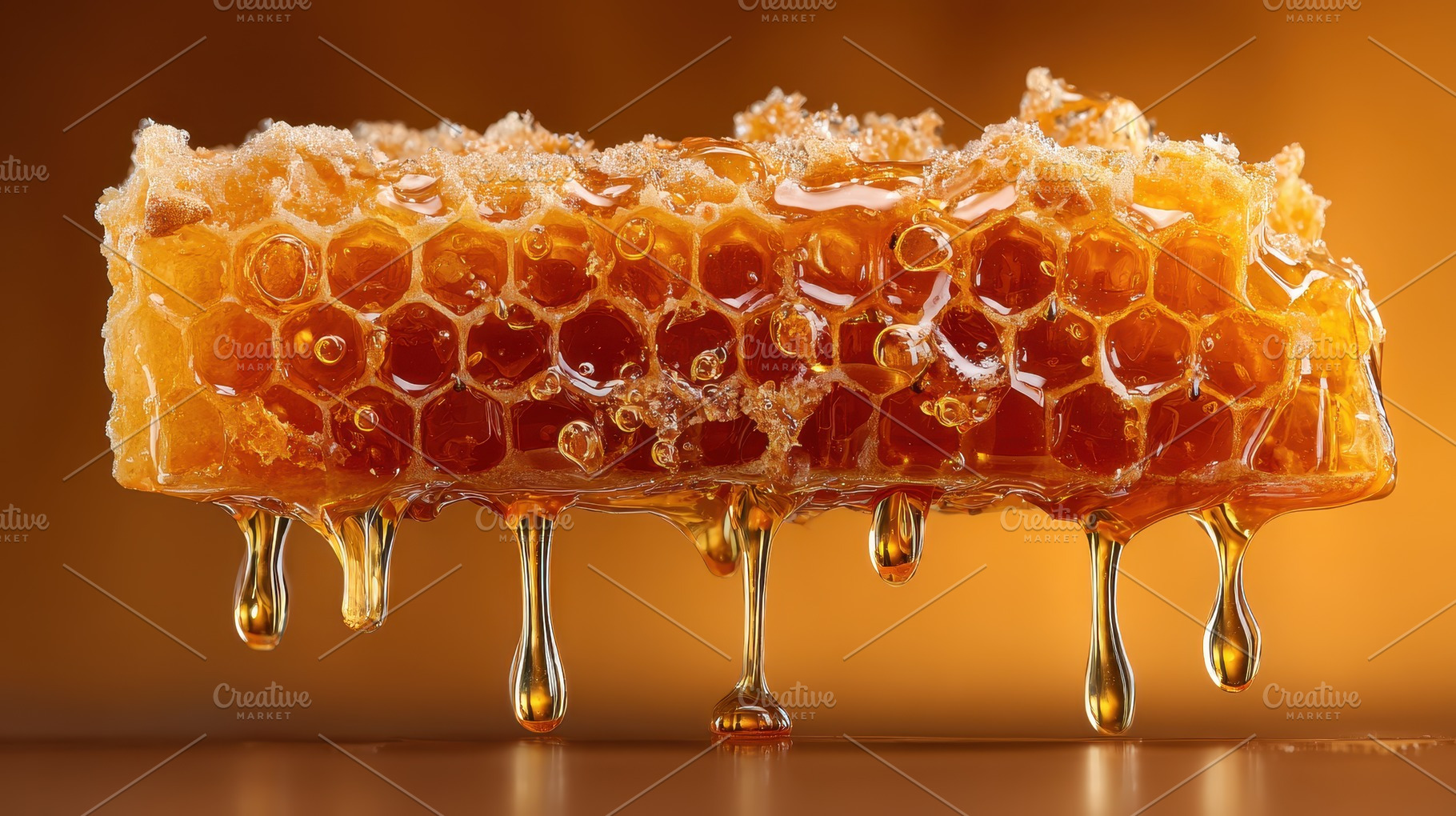 Honeycomb dripping golden honey swee, a Photo by Pixeness Studio
