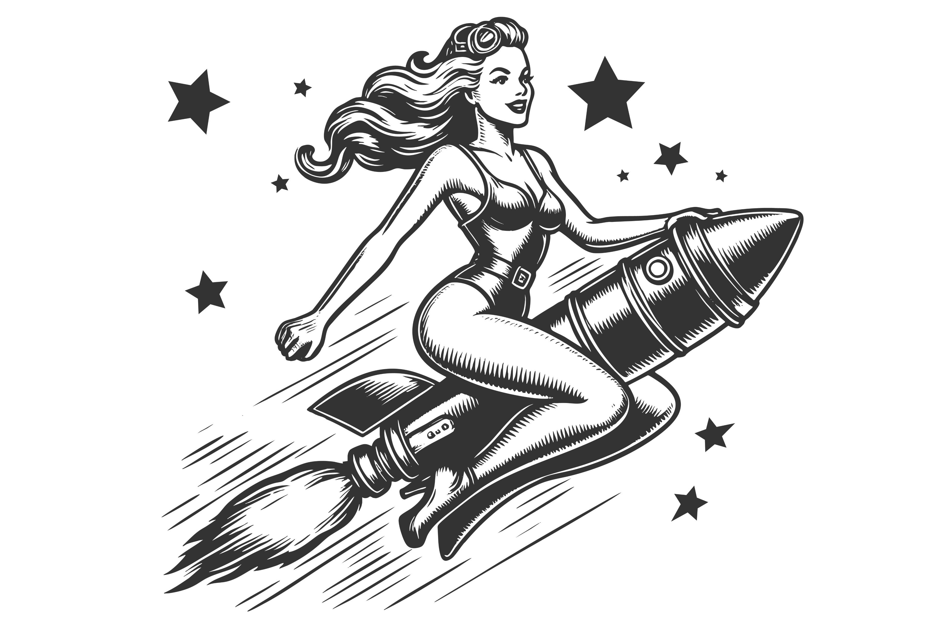 Pin-Up Woman Riding Rocket engraving, a Person Illustration by AlexArt