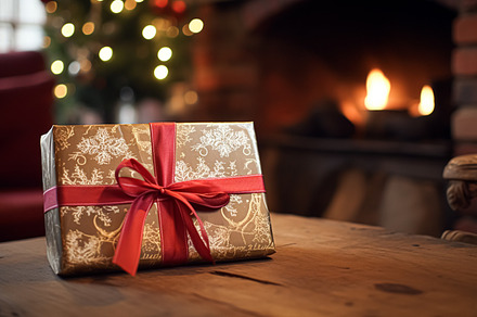 Christmas gift box near cosy fireplace in the English country co, a Photo by Anneleven