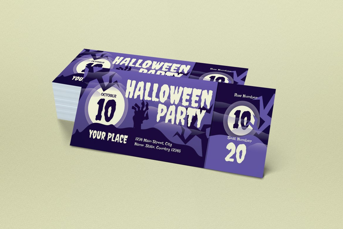 Purple Halloween Party Ticket, a Card Template by graphicook (Photo 2 of 3)