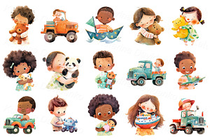 Cute Cartoon Little Kids With Toys