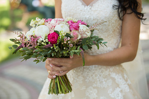 Bride with beautiful wedding bouquet stock photo containing bouquet and
