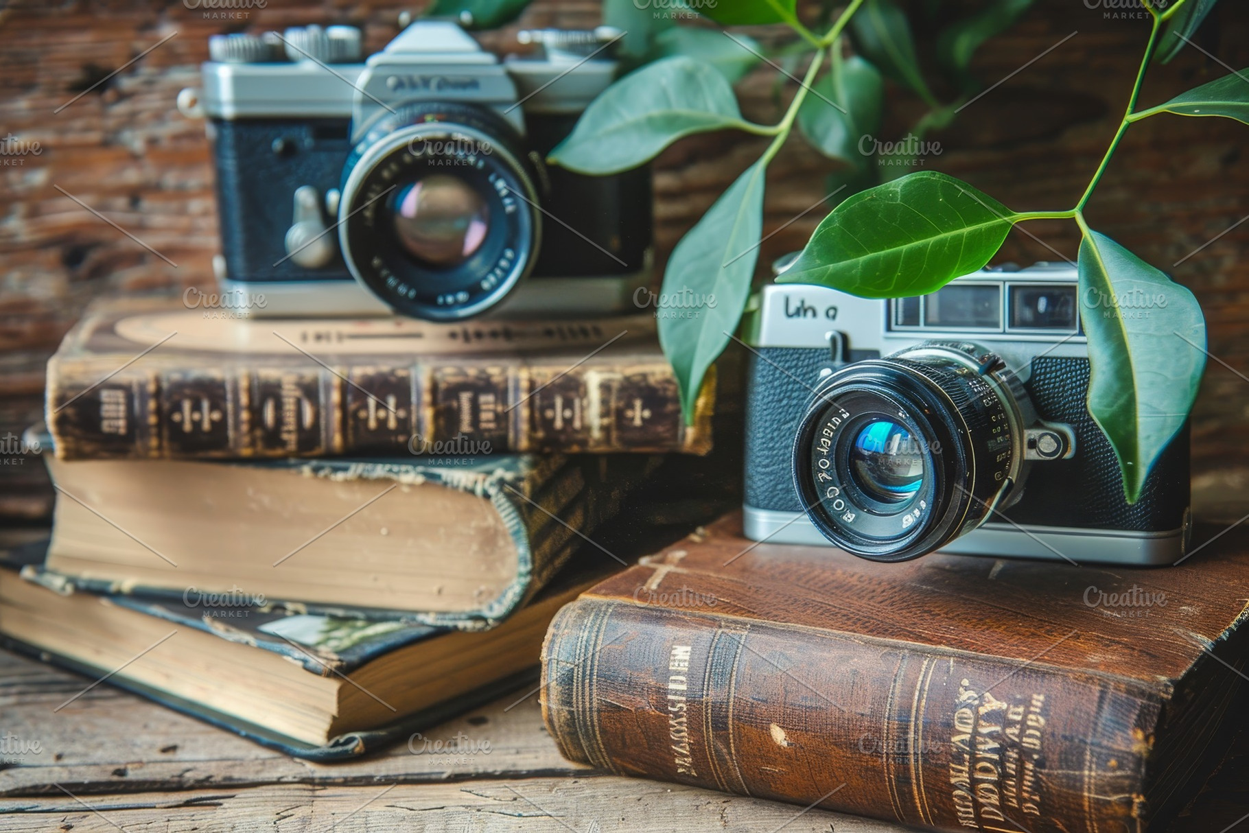 Two vintage cameras sit atop worn, l, a Photo by Tanuart