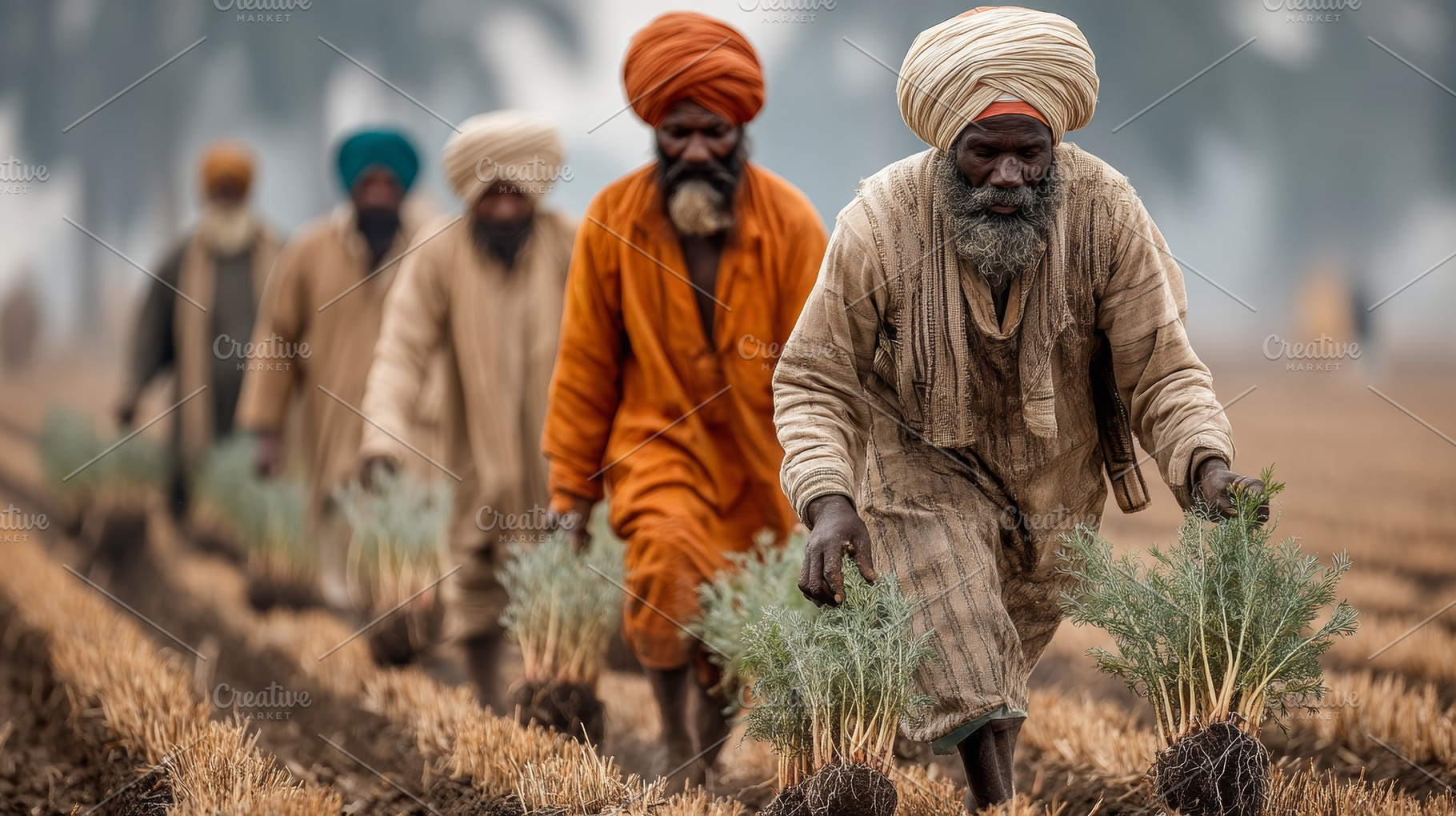 Indian farmers replanting crops in a cultivated field during a misty morning, a Photo by AS photostudio