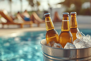 Ice bucket with beer bottles against swimming pool background, a Food & Drink Photo by AlyaAnd