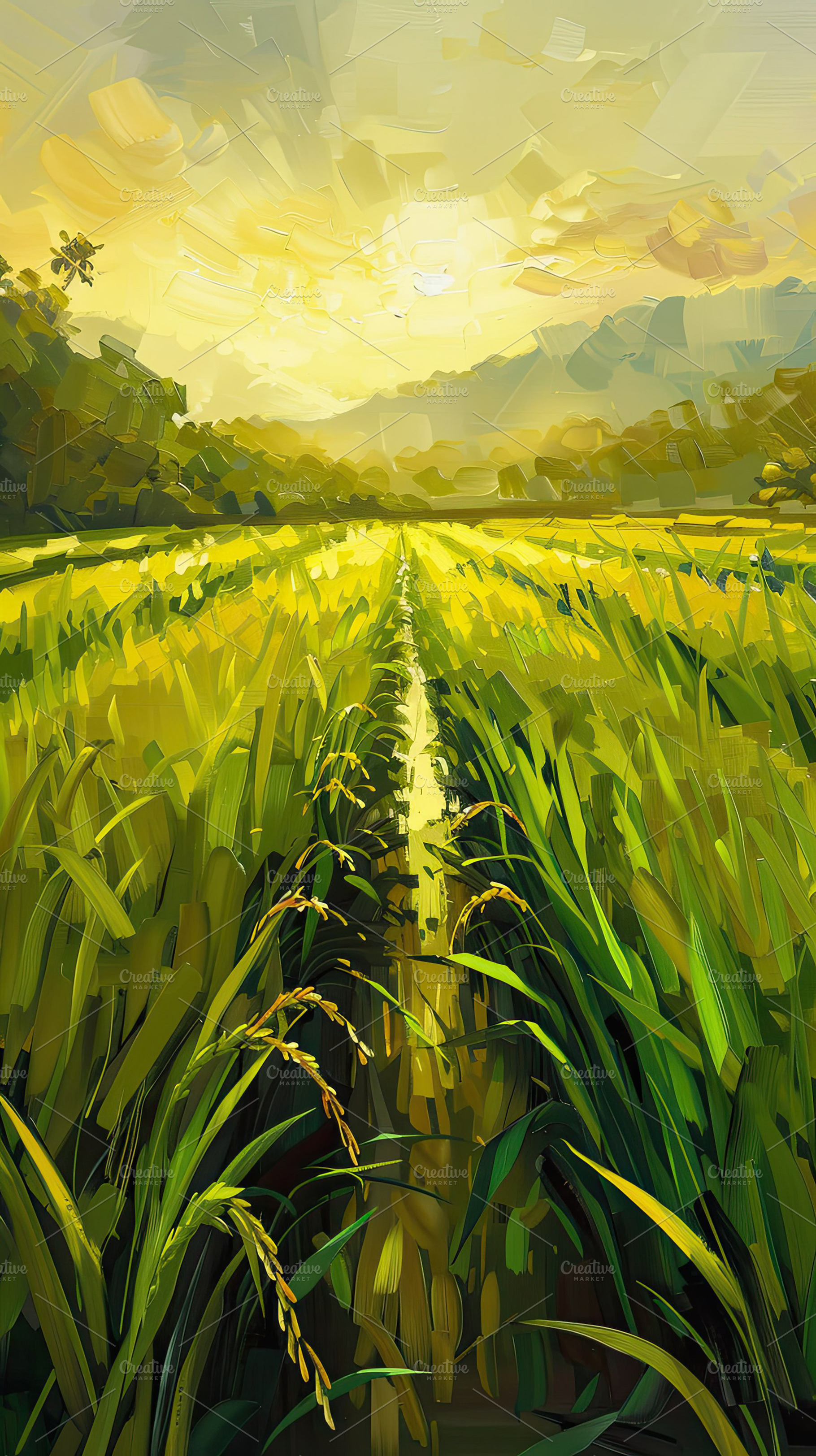 Lush Green Rice Field at Sunrise, a Photo by LOGOCREATIVE