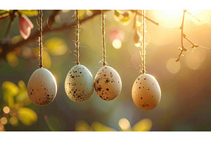 Four speckled eggs hanging on, a Holiday Photo by Igor Tichonow