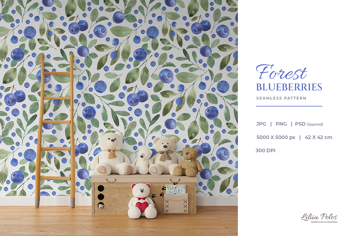 Blueberries. Watercolor Pattern, a Decorative Illustration by Liliia Polos Illustration (Photo 3 of 8)