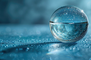 Blue glass sphere with sparkling bubbles on water surface, luxur, an Abstract Photo by José Manuel Gelpi
