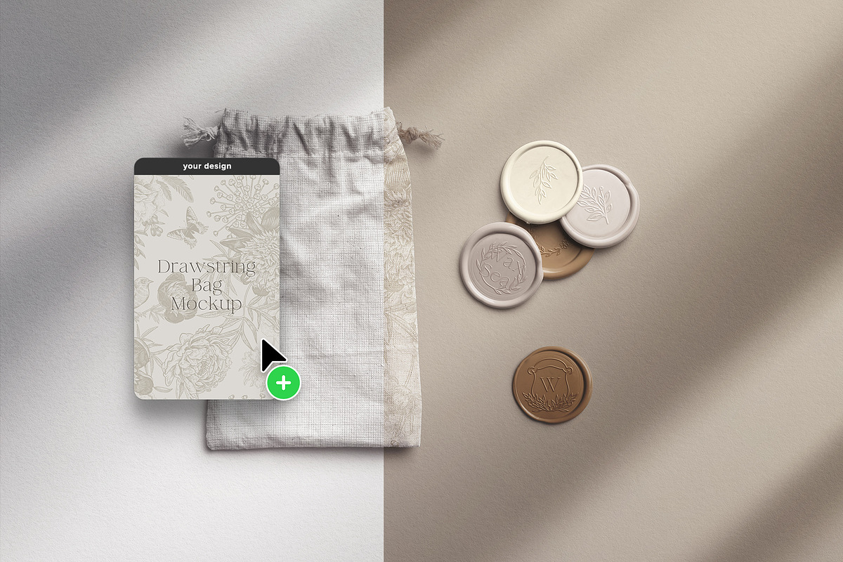 Drawstring Bag with Wax Seals Mockup, an Advertising Mockup by Custom Scene (Photo 6 of 11)