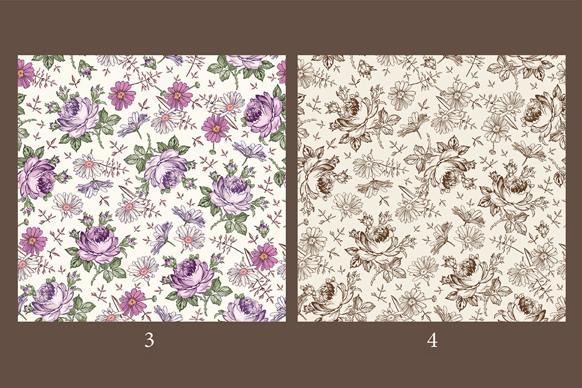 Set Seamless Flowers Roses Chamomile, a Pattern Graphic by Vintage (Photo 3 of 13)