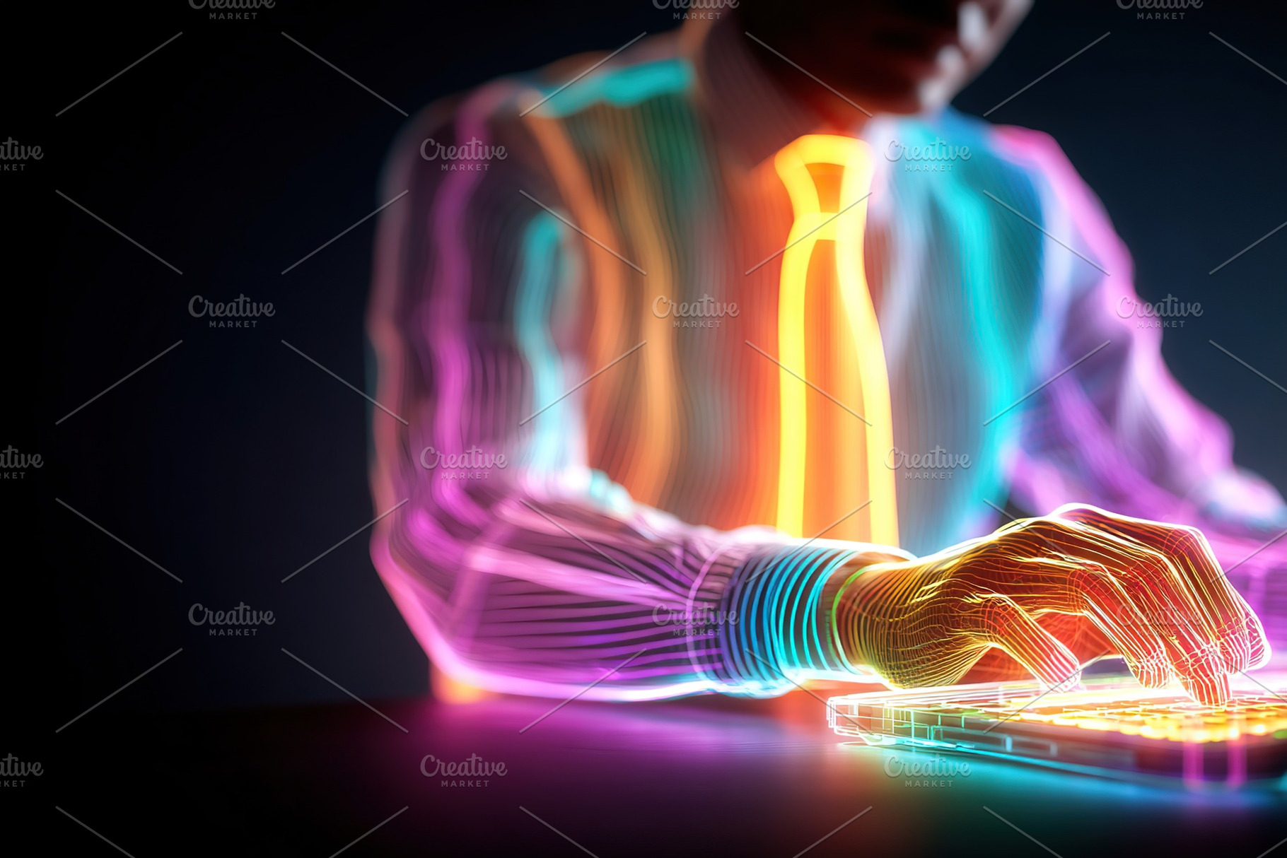 Person wearing glowing neon tie working on a keyboard in a dark room, a Photo by AlyaAnd