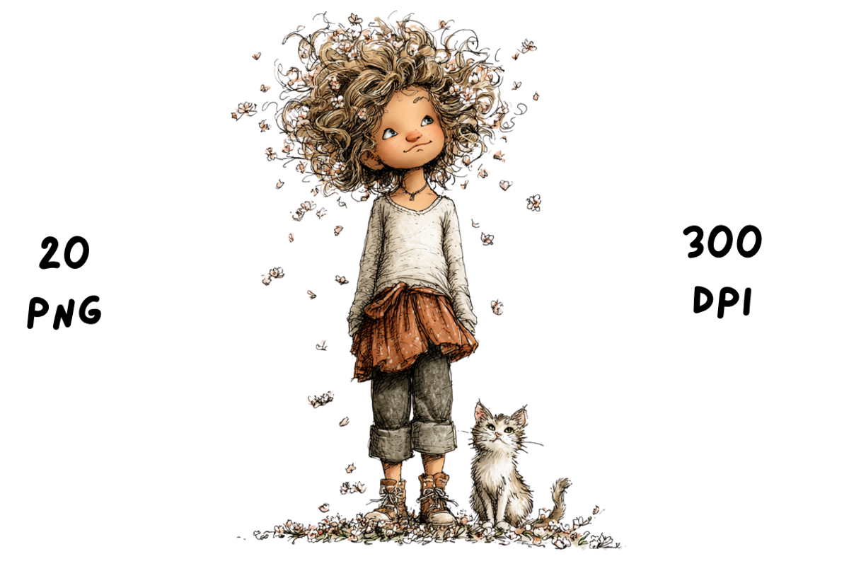 Whimsical Floral Girl & Kitten, an Animal Illustration by GiraffeCreative (Photo 11 of 20)