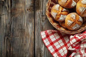 Flat lay of freshly different baked bread in basket with napkin on wooden table, a Food & Drink Photo by AlyaAnd