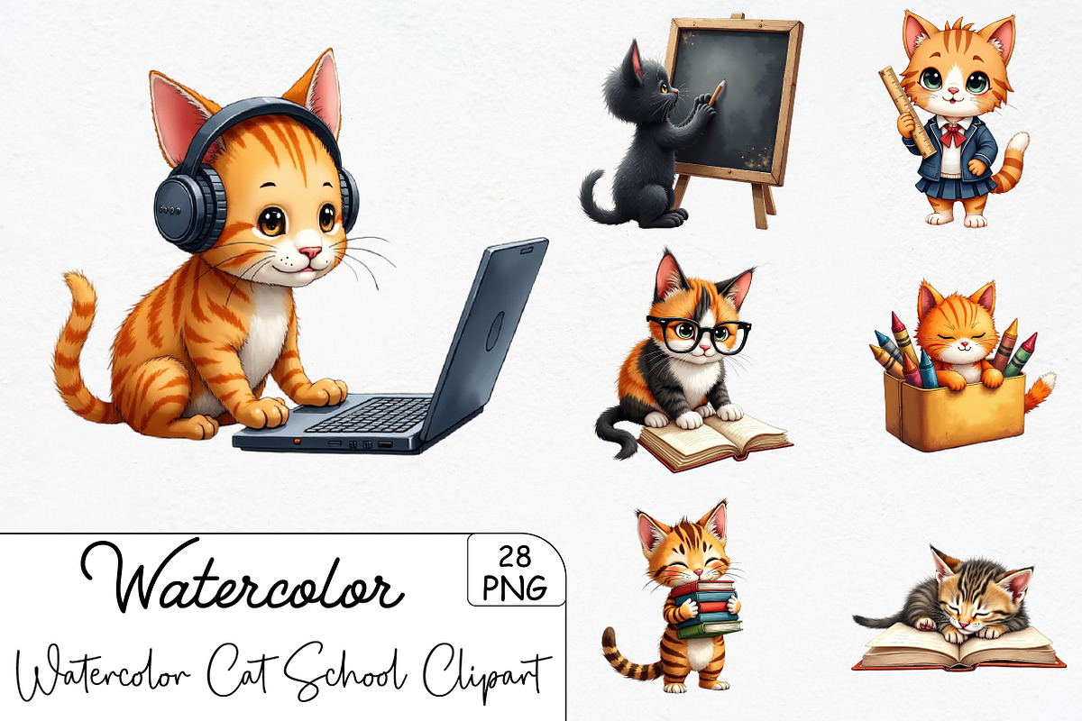 Watercolor Cat Back to School Clipar, an Illustration by CrexoraLab (Photo 1 of 5)
