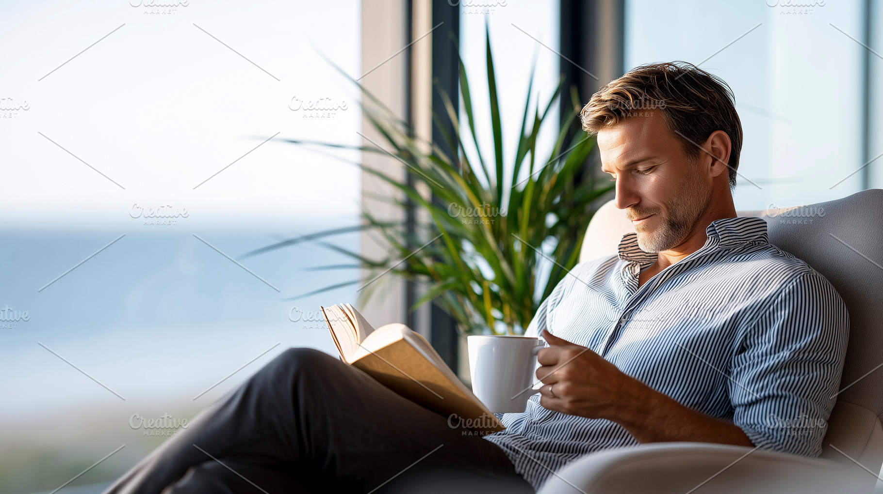 Relaxed man reading book and drink, a Person Photo by MistyDay