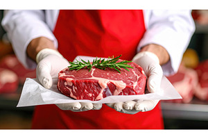 Butcher presenting a raw steak with, a Food & Drink Photo by Igor Tichonow