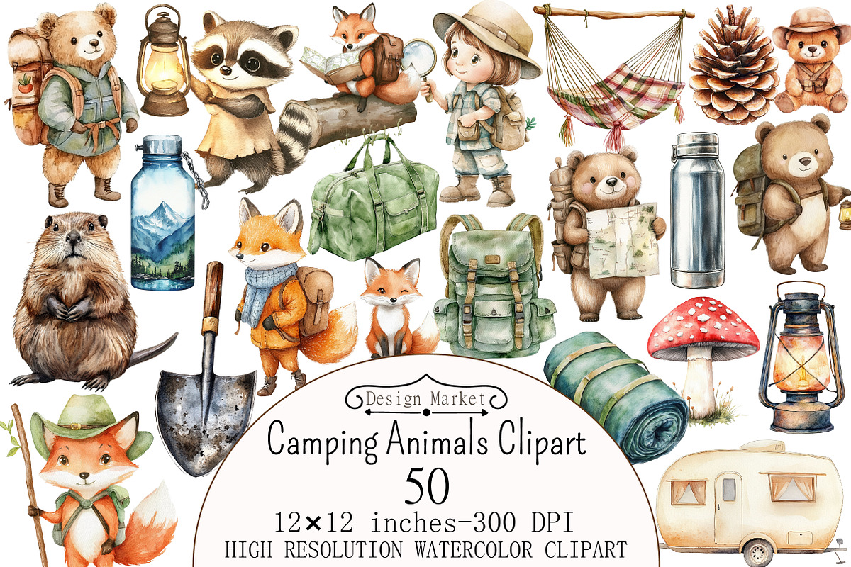 Watercolor Camping Animals Clipart, a Seasonal Illustration by Design Market (Photo 1 of 5)