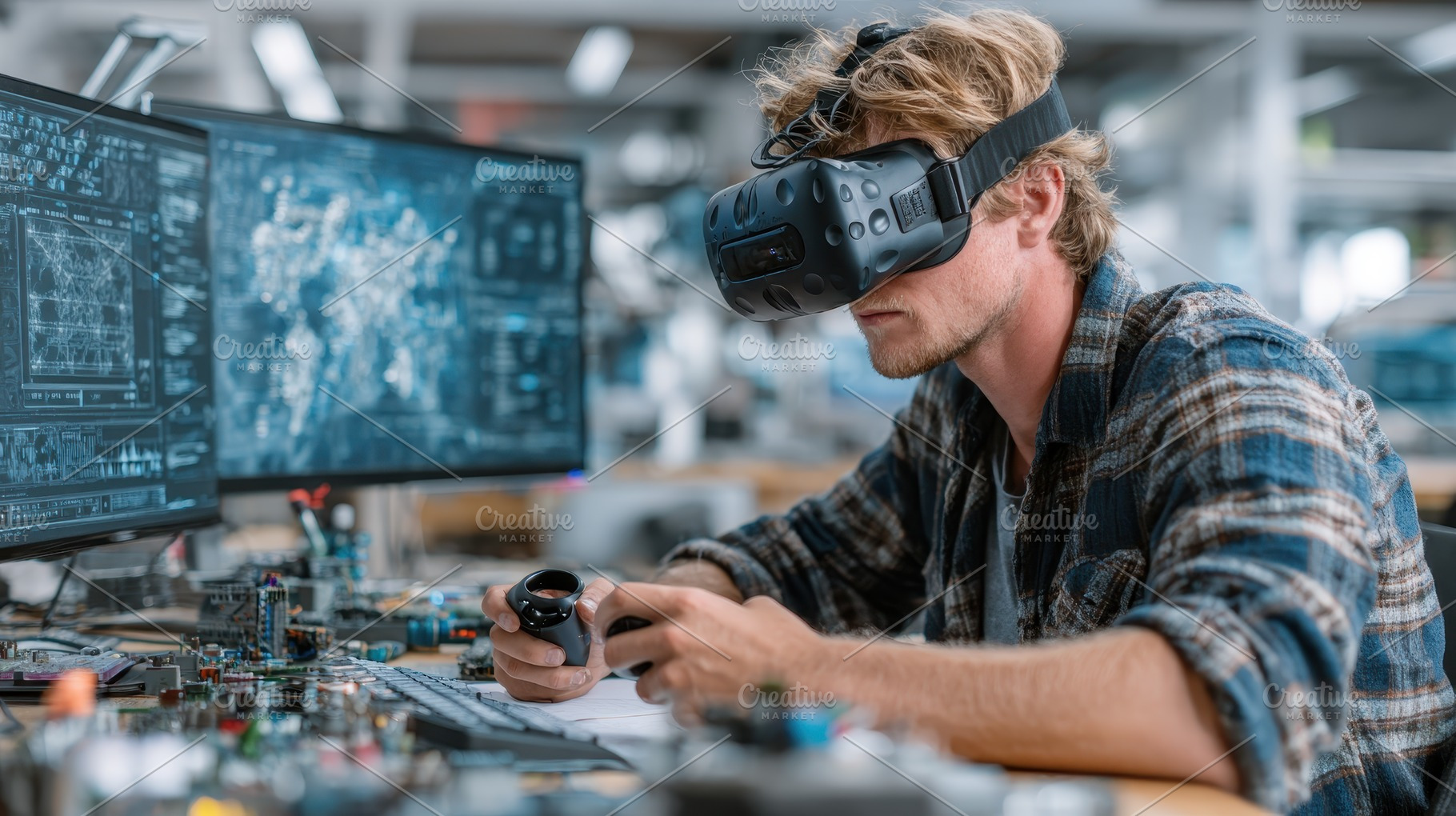 Young man using VR headset and contr, a Photo by Pixeness Studio