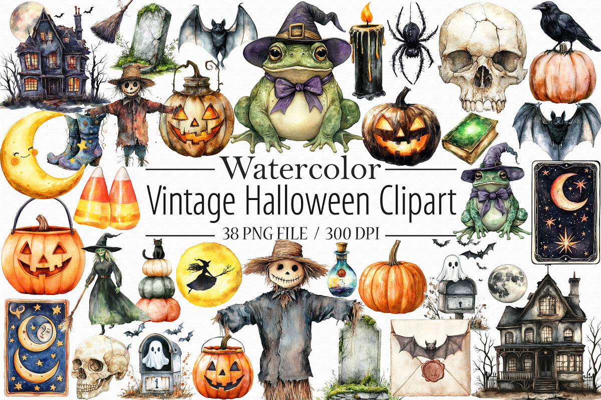 Vintage Halloween Clipart, an Illustration by Libby Wishes