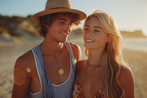 A young couple enjoying a romantic moment on the beach during sunset, exuding w, a Person Photo by ImageMir