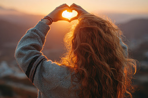 Woman framing sunset with heart hand, a Photo by Pixeness Studio