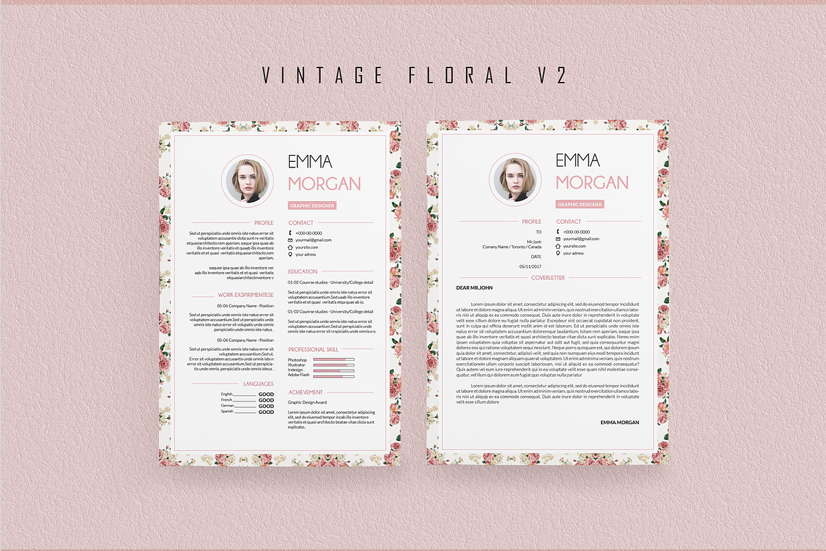 Pink Floral Resume BUNDLE Template M, a Resume Template by Showy68 Template (Photo 2 of 6)