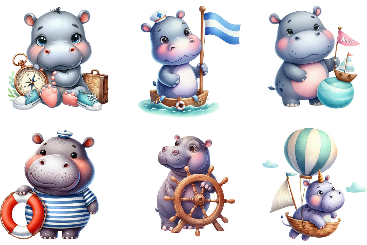 Hippo Clipart Sea Captain Baby Room, an Illustration by DreamArtGraphic (Photo 5 of 5)