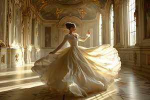A opera singer woman in an elegant white dress twirls gracefully in a grand, or, a Person Photo by Textures & Backgrounds