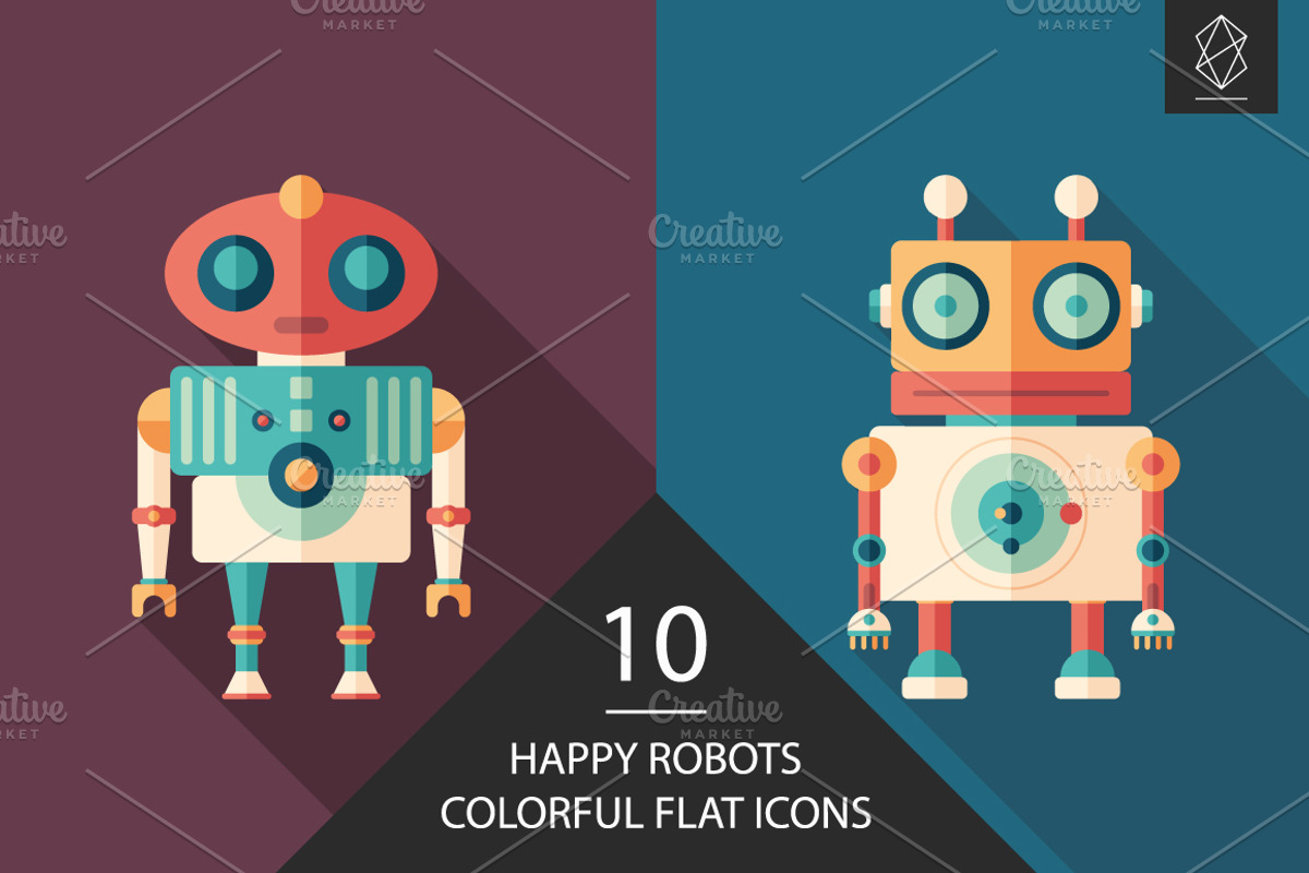 Happy robots flat square icon set, an Icon by Yury Velikanov