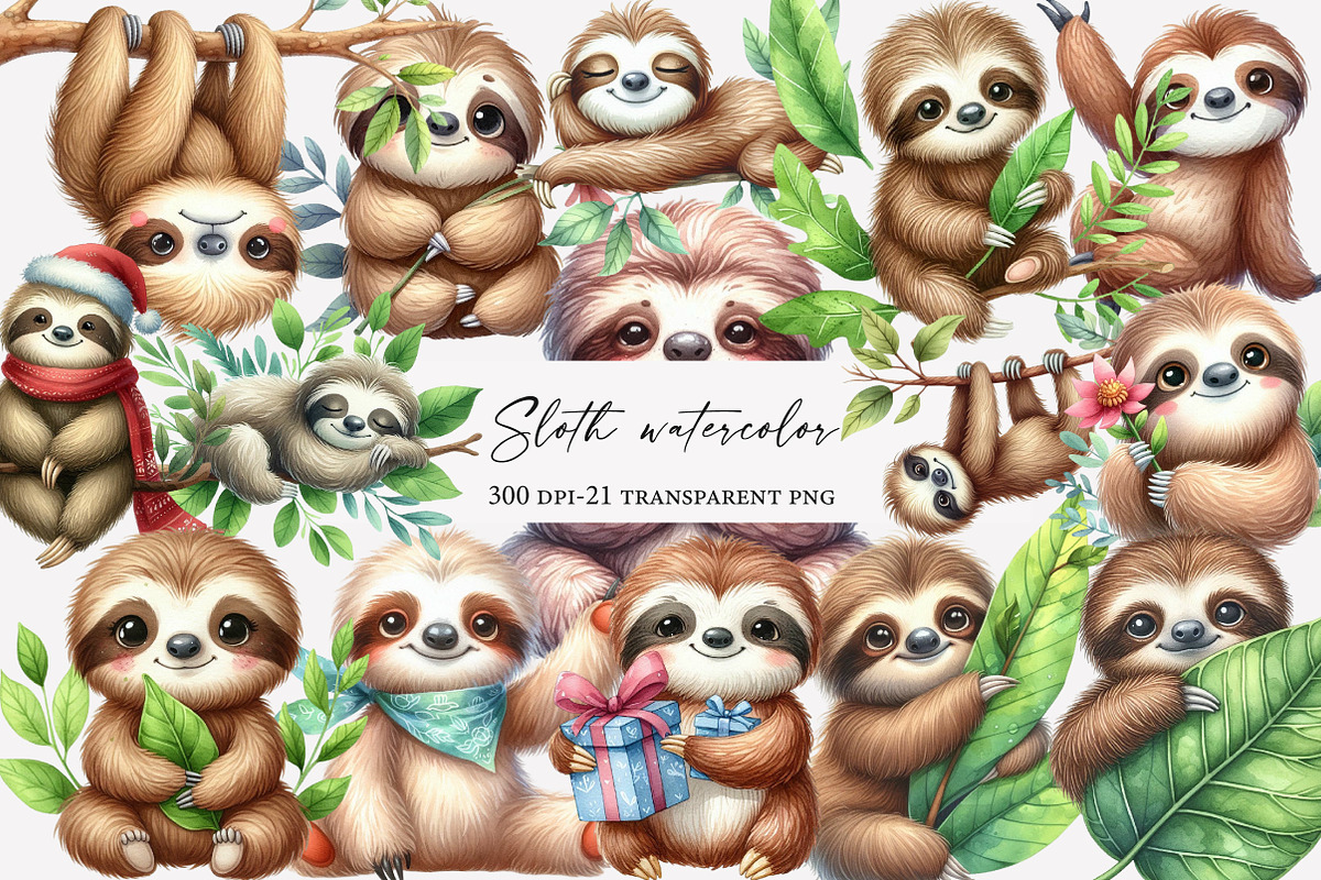 Sloth watercolor clipart, an Illustration by Designworld (Photo 1 of 6)