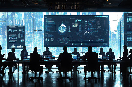 Futuristic boardroom meeting with da, a Background Photo by Pixeness