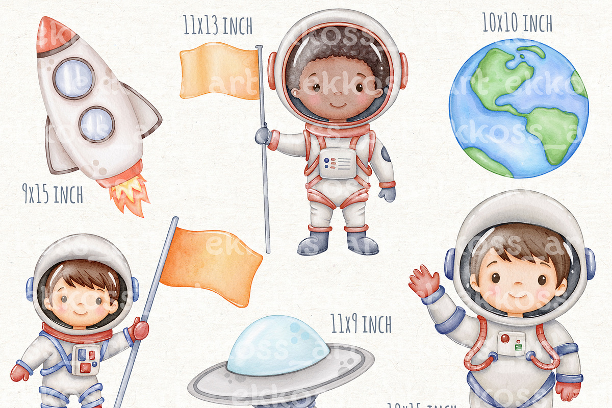 Astronaut Space Watercolor Clipart, an Object Illustration by ekossa_art (Photo 3 of 6)