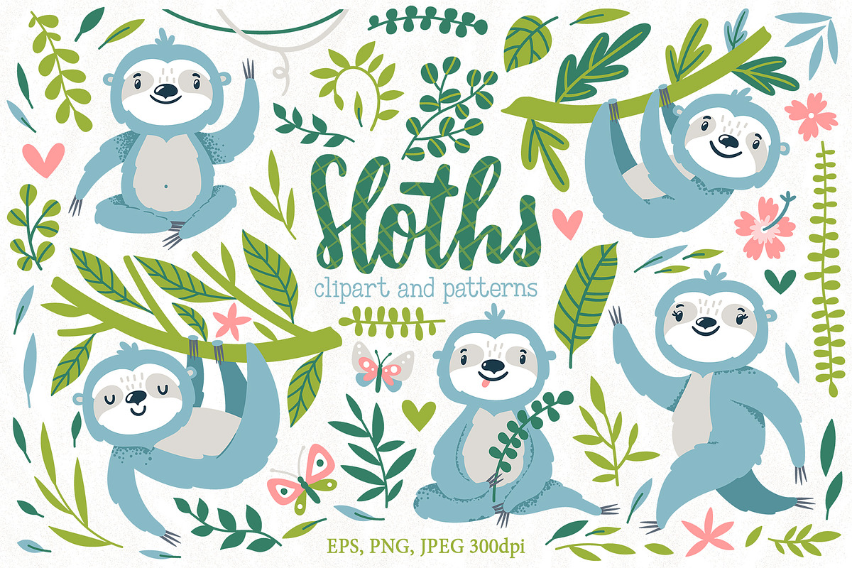 Sloths. Clipart, patterns & prints., an Animal Illustration by MagicForestory (Photo 1 of 10)