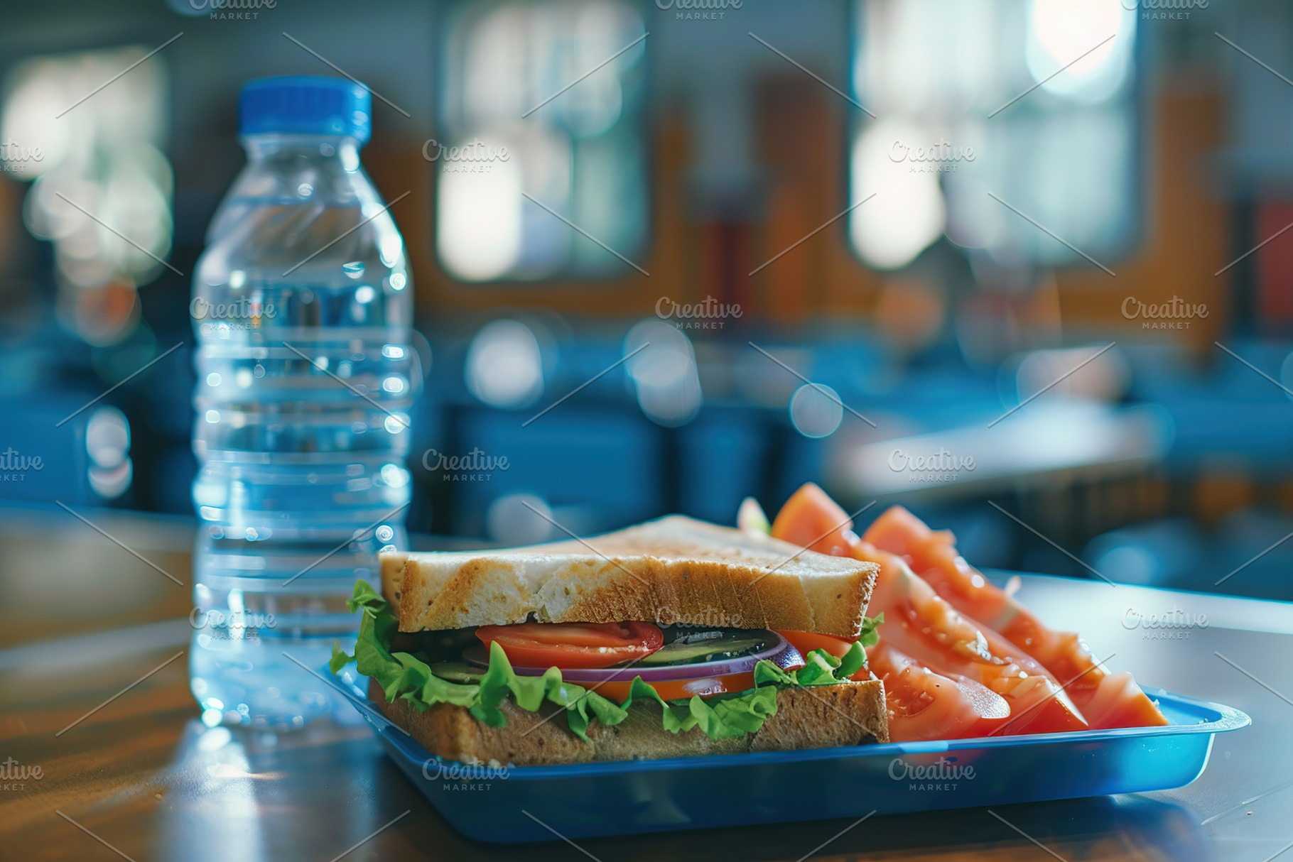 School lunch box with tasty sandwich and bottle of water, a Food & Drink Photo by AlyaAnd