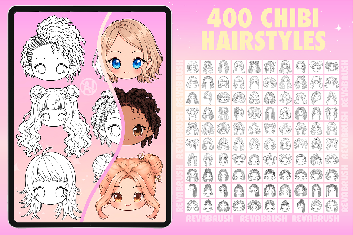 Procreate Chibi Hairstyles brushes, a Brush Add-On by Revabrush (Photo 11 of 16)
