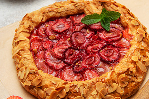 Delicious homemade strawberry galette with almond petals and fre, a Food & Drink Photo by Olena Rudo