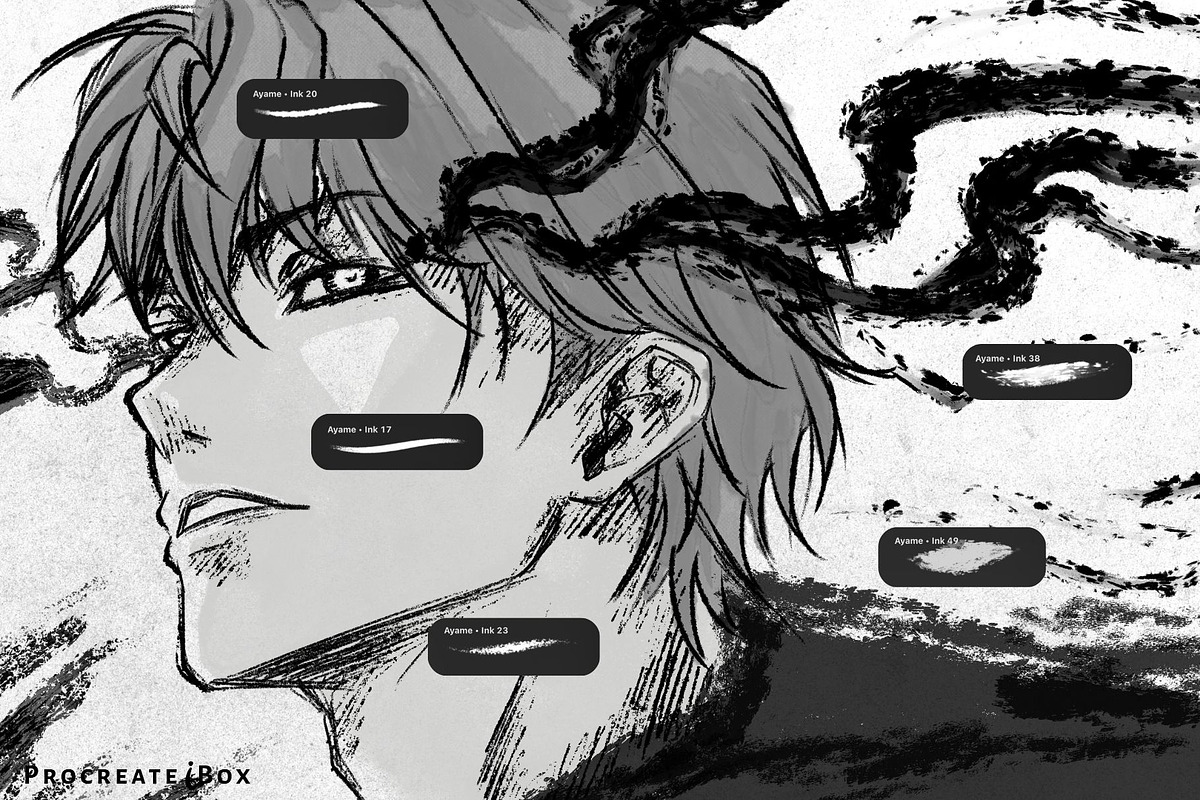 62 Inkflow Procreate ink Brushes, a Brush Add-On by ProcreateiBox (Photo 3 of 10)