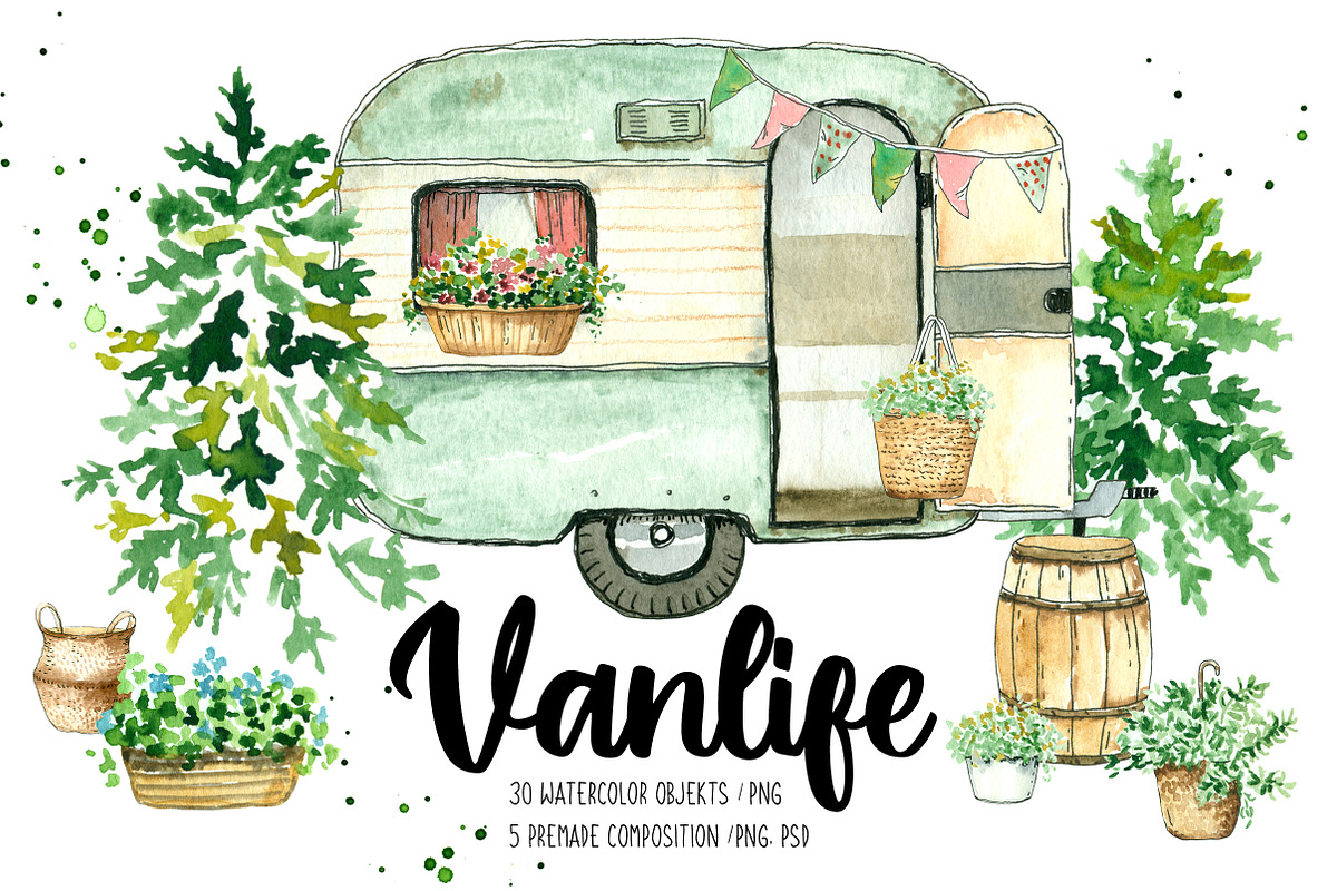 Vanlife. Watercolor illustrations., a Transportation Illustration by iri-illustration (Photo 1 of 9)