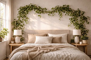Bedroom with climbing houseplants an, a Photo by Dvoevnore photos