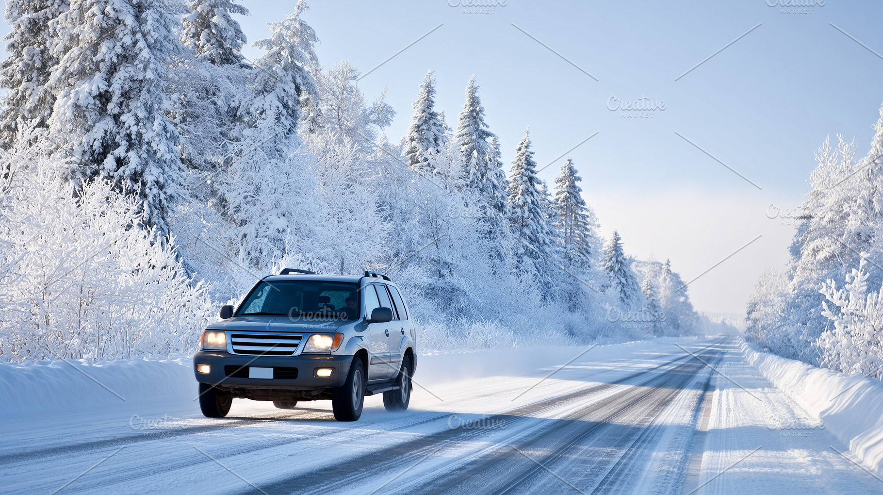 SUV driving on a snow-covered winter, a Transportation Photo by MistyDay