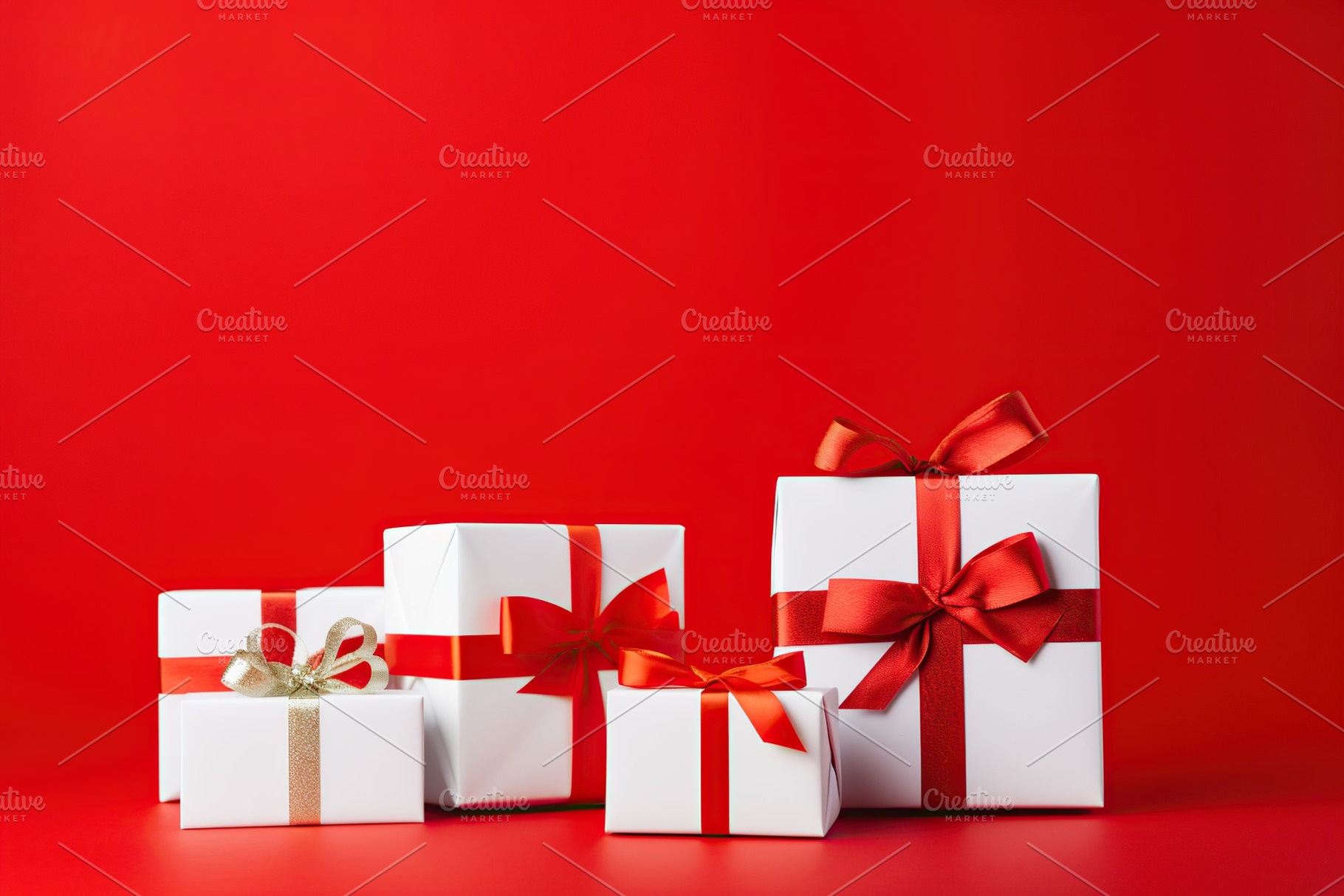Christmas gift boxes on red background, a Holiday Photo by AlyaAnd