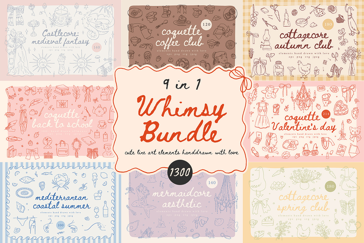 9 in 1 Whimsy Bundle - cute line art, an Object Graphic by Cute Atelier (Photo 1 of 10)